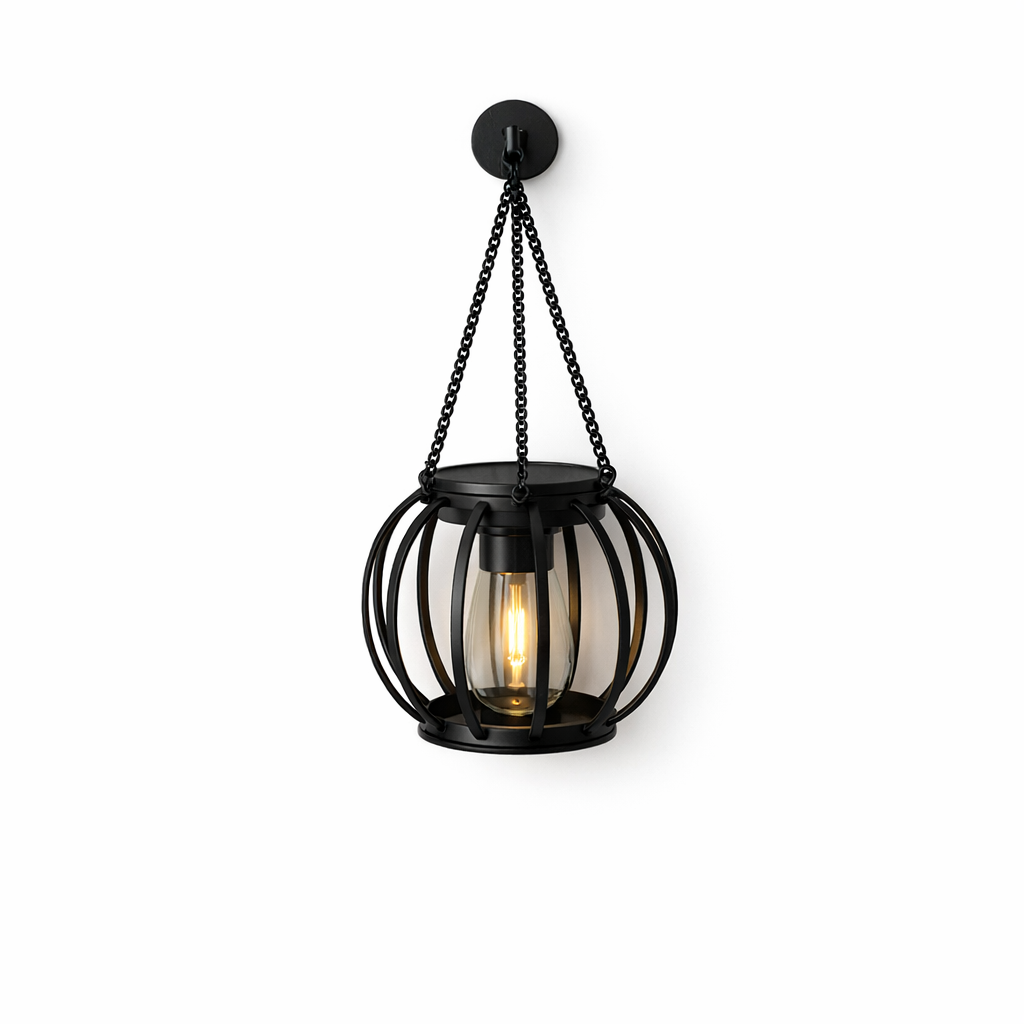 Black round cage solar hanging lantern outdoor waterproof garden light Australia
