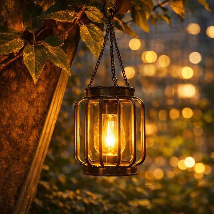 Solar hanging lantern light with warm Edison bulb glow suspended from tree in outdoor garden at night, decorative solar lantern for Australian backyards and entertaining areas