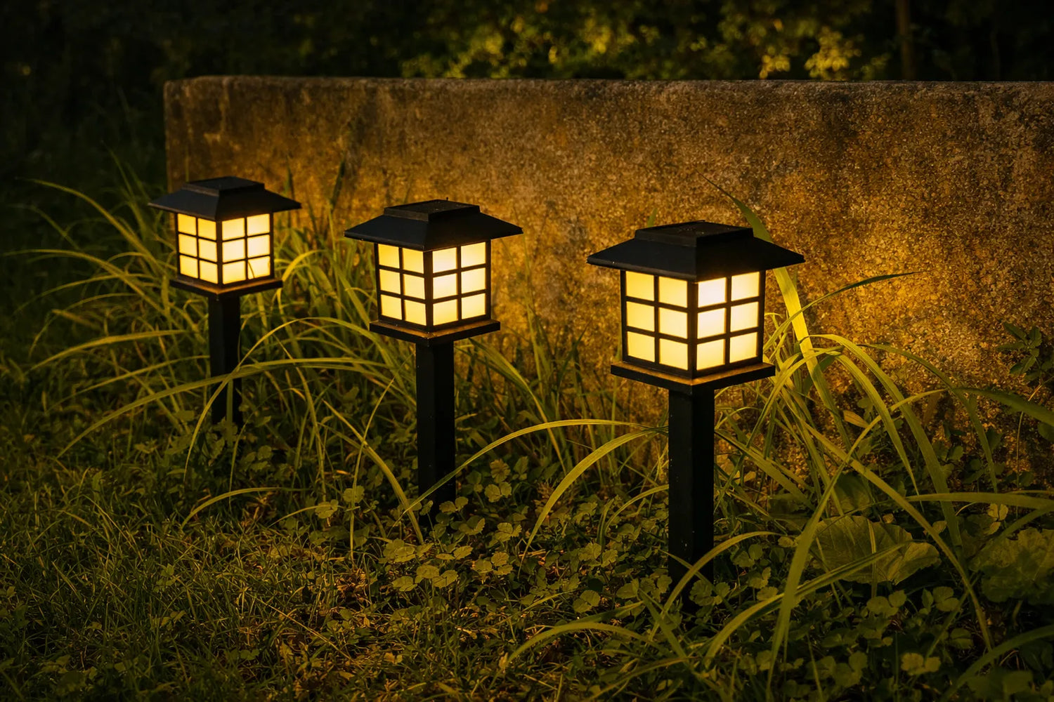 Solar garden stake lights with warm lantern glow among garden plants at night, decorative solar pathway lights for Australian gardens and backyards