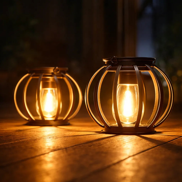 Solar round globe cage lanterns with warm Edison bulb glow on timber deck at night, decorative solar table lanterns for outdoor entertaining areas and patios in Australia