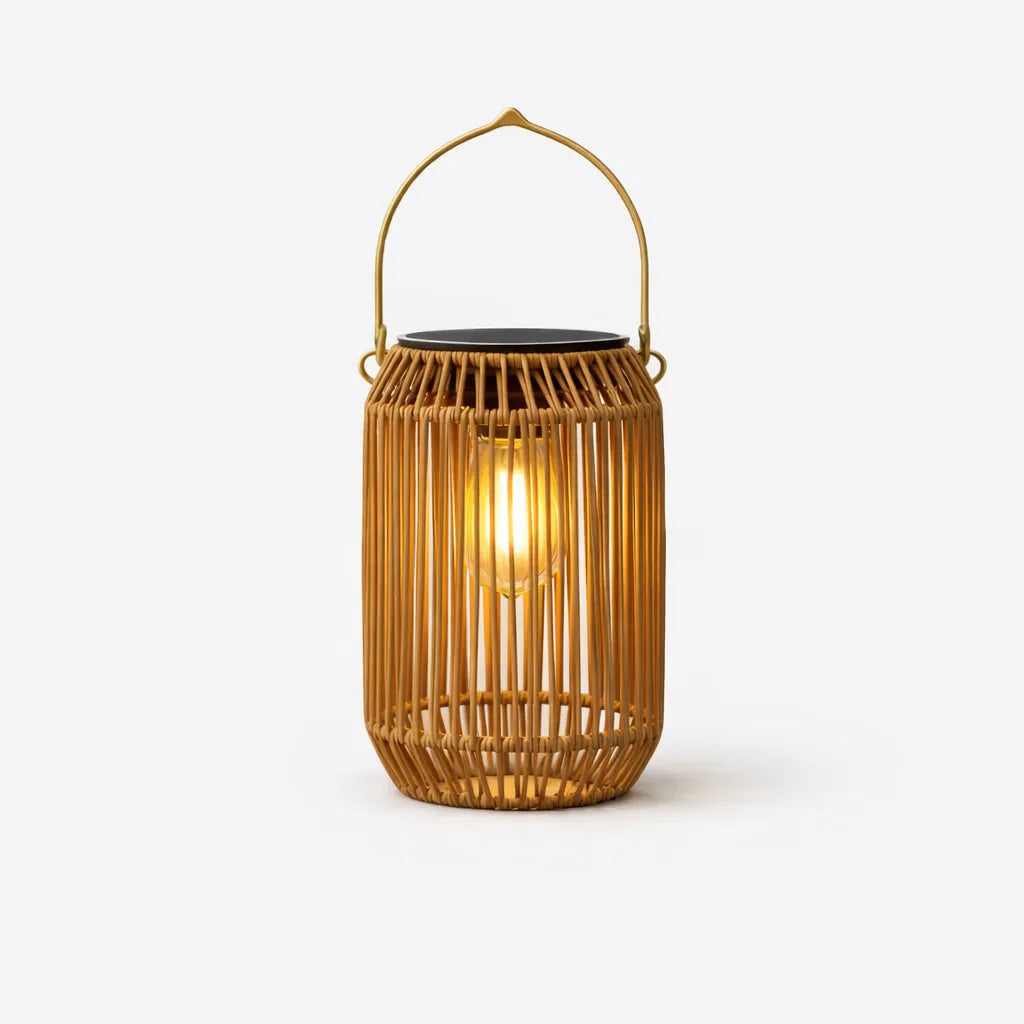 Natural rattan barrel shape boho solar garden lantern warm white LED Australia