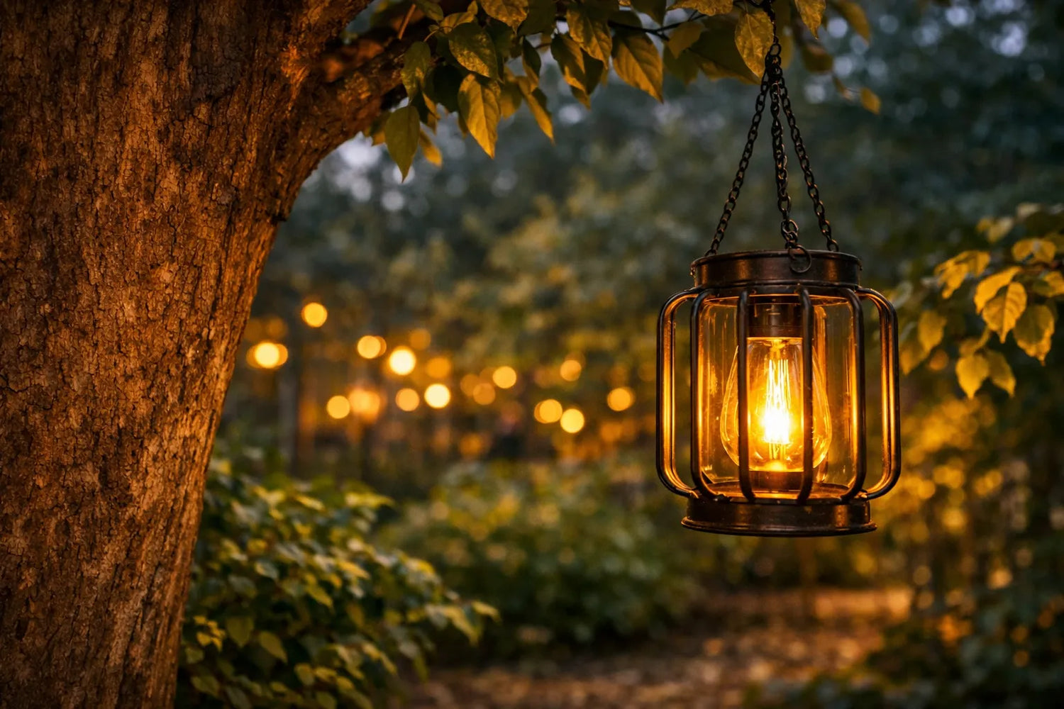 Solar hanging lantern light with warm Edison bulb glow suspended from tree in outdoor garden at night, decorative solar lantern for Australian backyards and entertaining areas