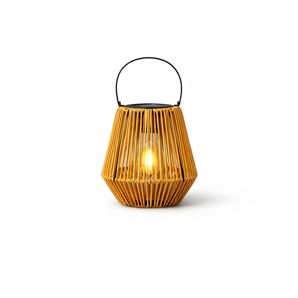 Natural rattan tapered diamond boho solar garden lantern warm white LED Australia