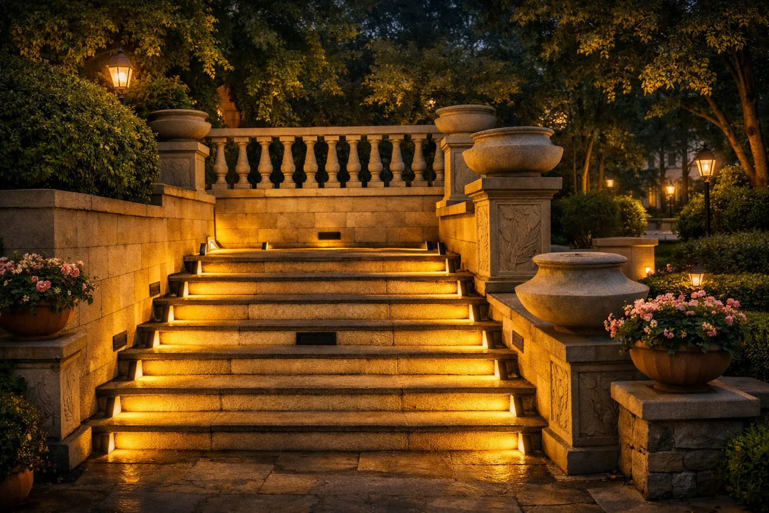 Solar step lights illuminating outdoor stone staircase with warm LED glow at night, solar stair and garden path lighting for Australian homes and landscapes