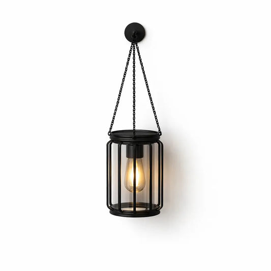 Black cylinder iron cage solar hanging lantern outdoor waterproof garden light Australia